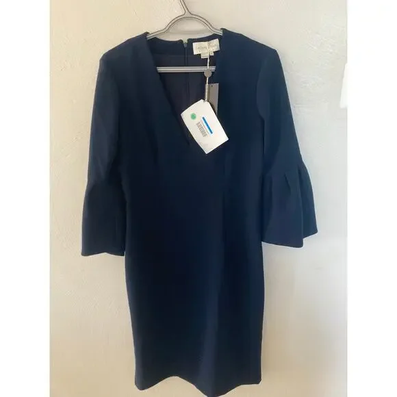 NWT Sachin & Babi Ginette Midi Dress Navy Carrie Inaba V Neck Trumpet Sleeves 8 - Picture 3 of 5